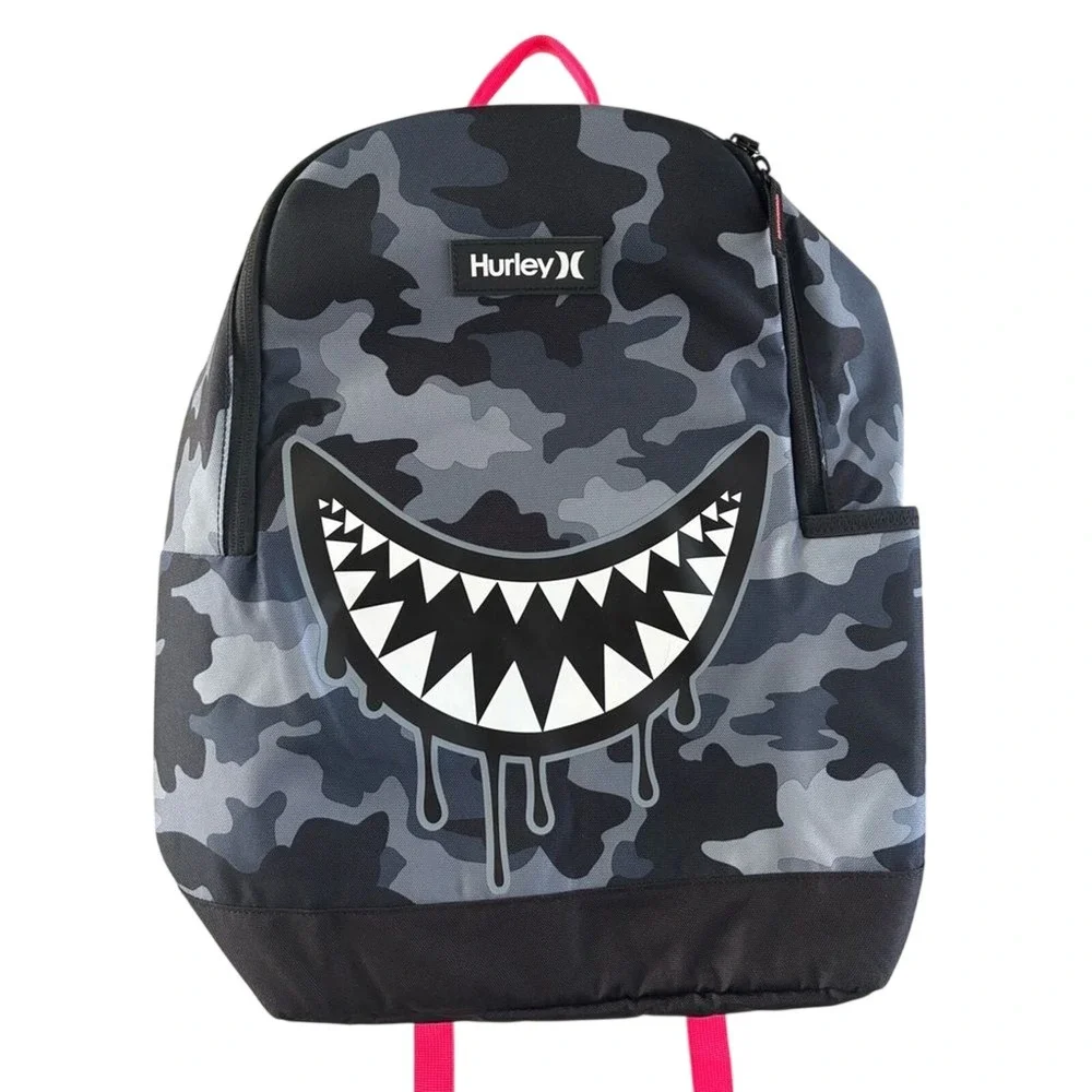 Hurley Boy's Backpack Camo Black and Gray with Graphic Shark Teeth Bite NWOT